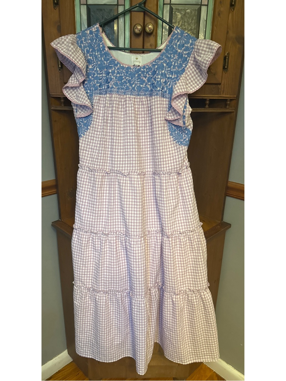 J.Marie Collections Kayla embroidered floral /gingham print Tiered Midi Dress L